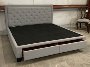 Grey Tufted Queen Platform Bed with Two Drawers