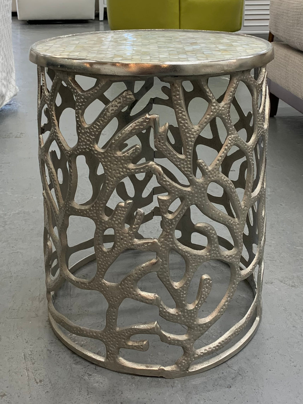 Small Silver Coral Drum Table with Mother of Pearl Top
