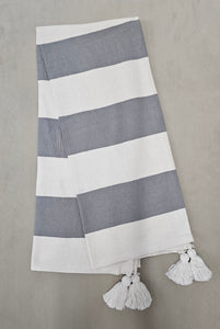 Grey and White Striped Throw with Tassels