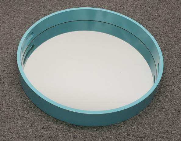 Large Aqua Lacquered Round Mirrored Tray