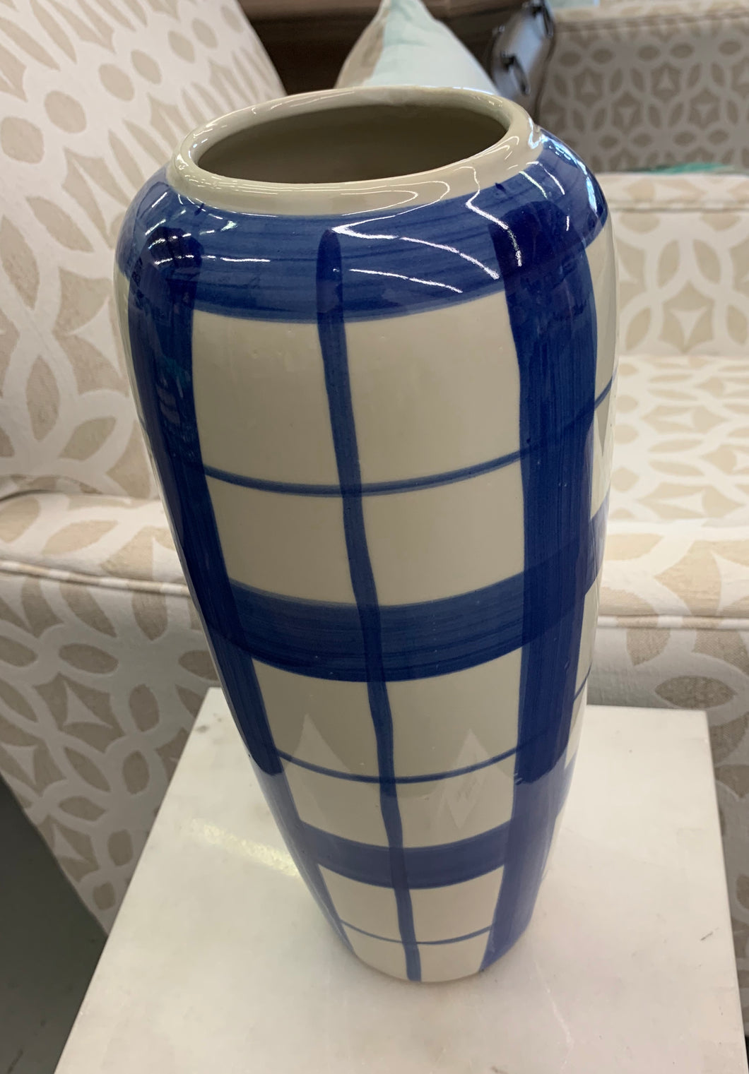 Tall Blue & White Plaid Vase *damaged