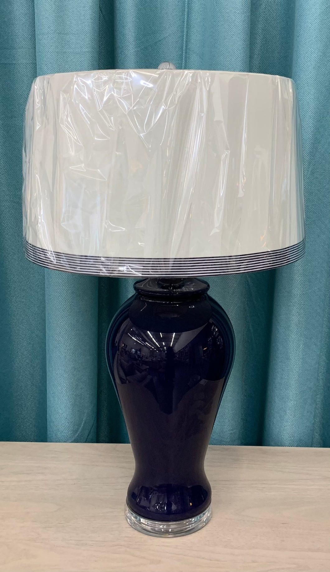 Navy Lamp with Striped Banded Shade